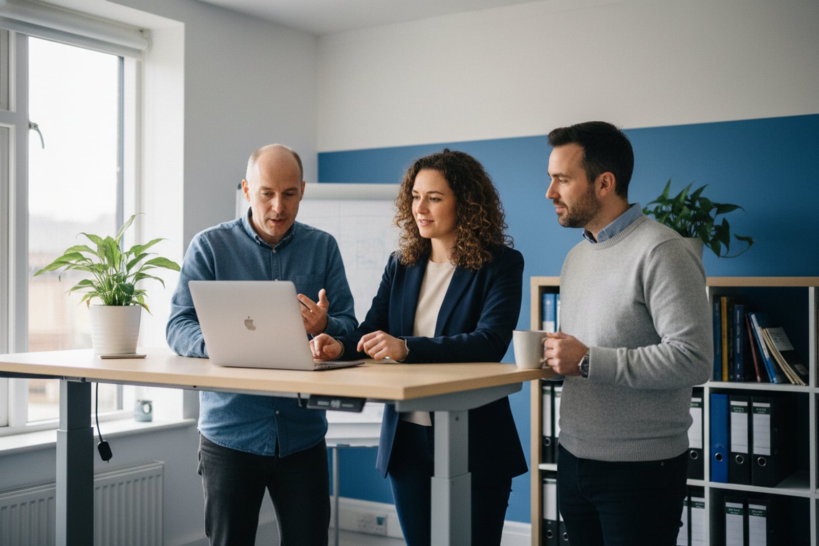 Three Syntek engineers reviewing a client's dashboard together at a tidy desk.