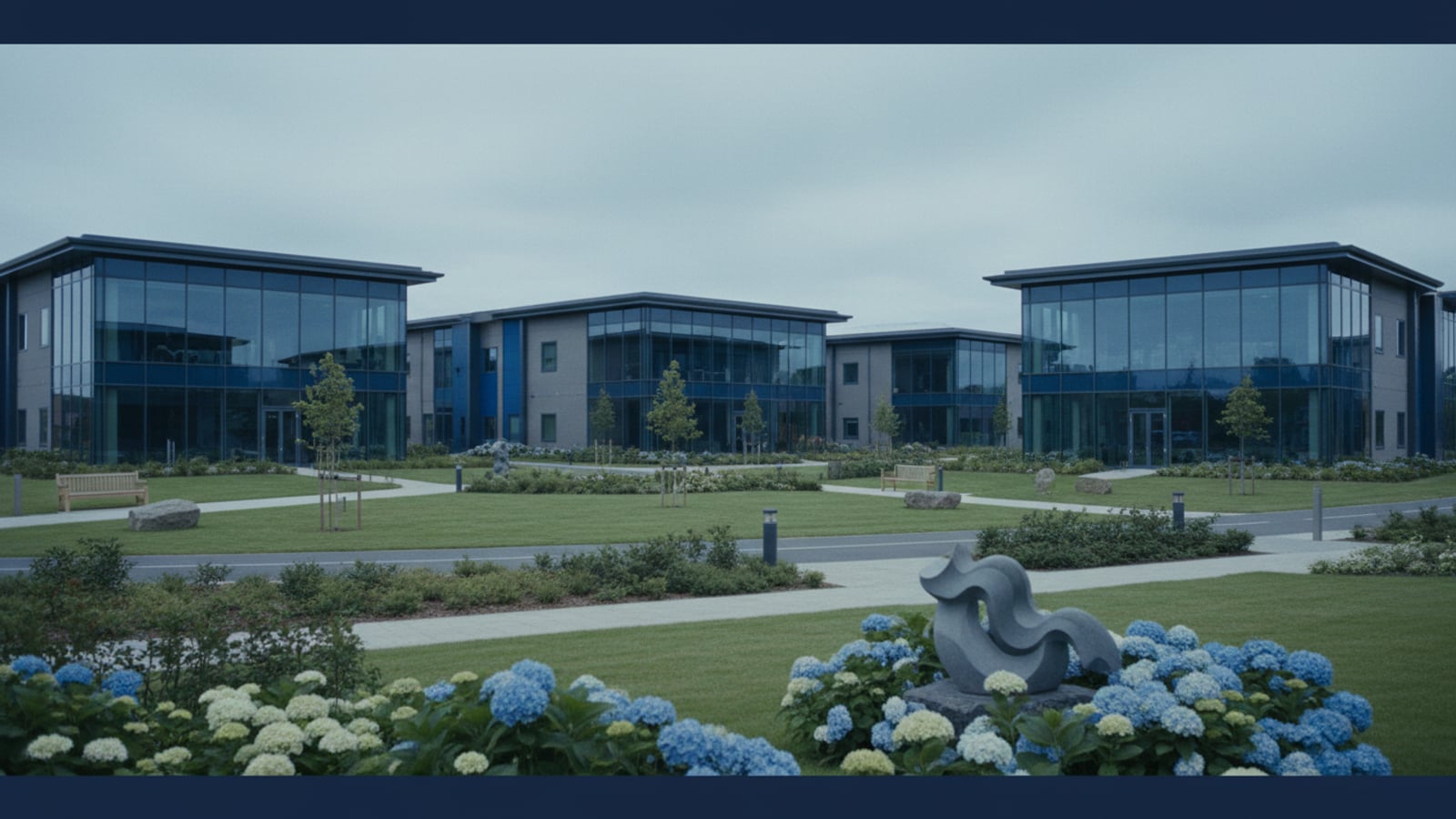 Office buildings on Manor Royal business park in Crawley on a bright weekday morning.