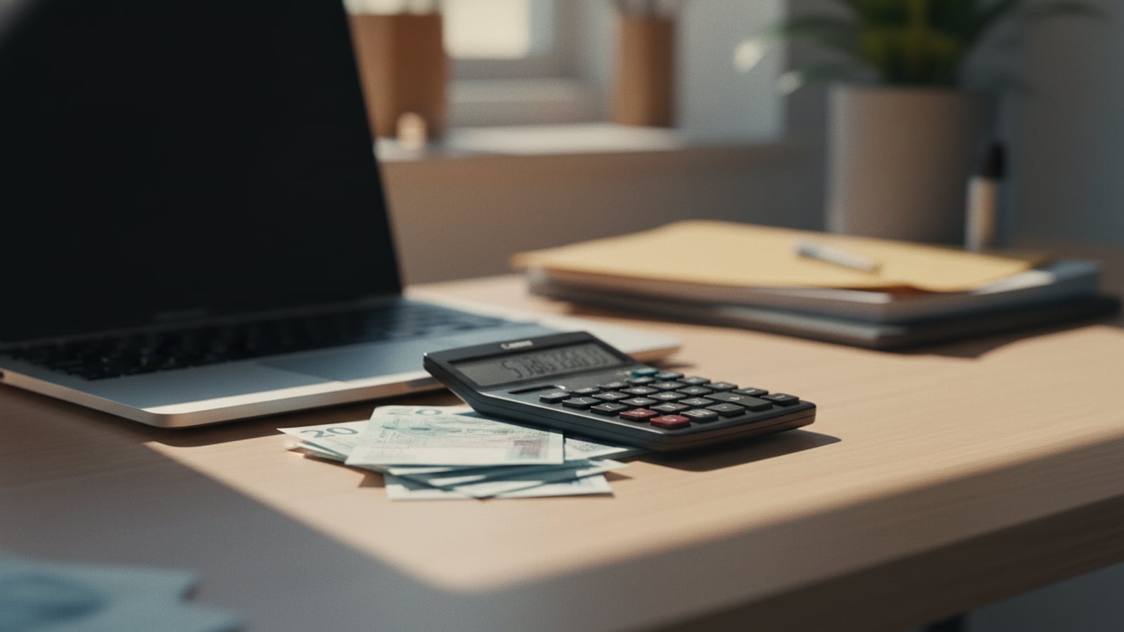 Pound coins stacked next to a laptop.