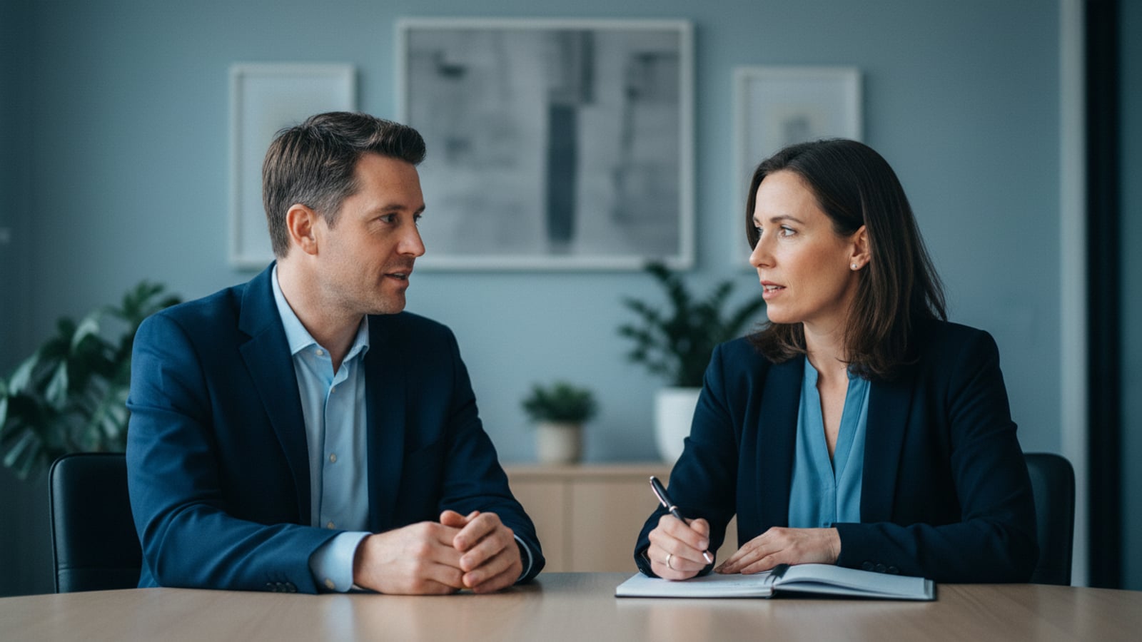 Two people shaking hands in an office.