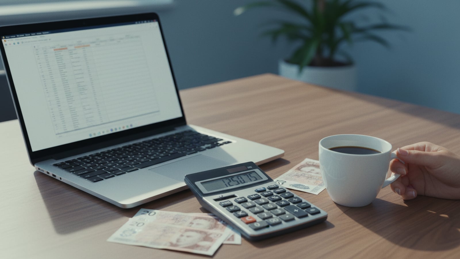 Calculator and laptop on a desk.