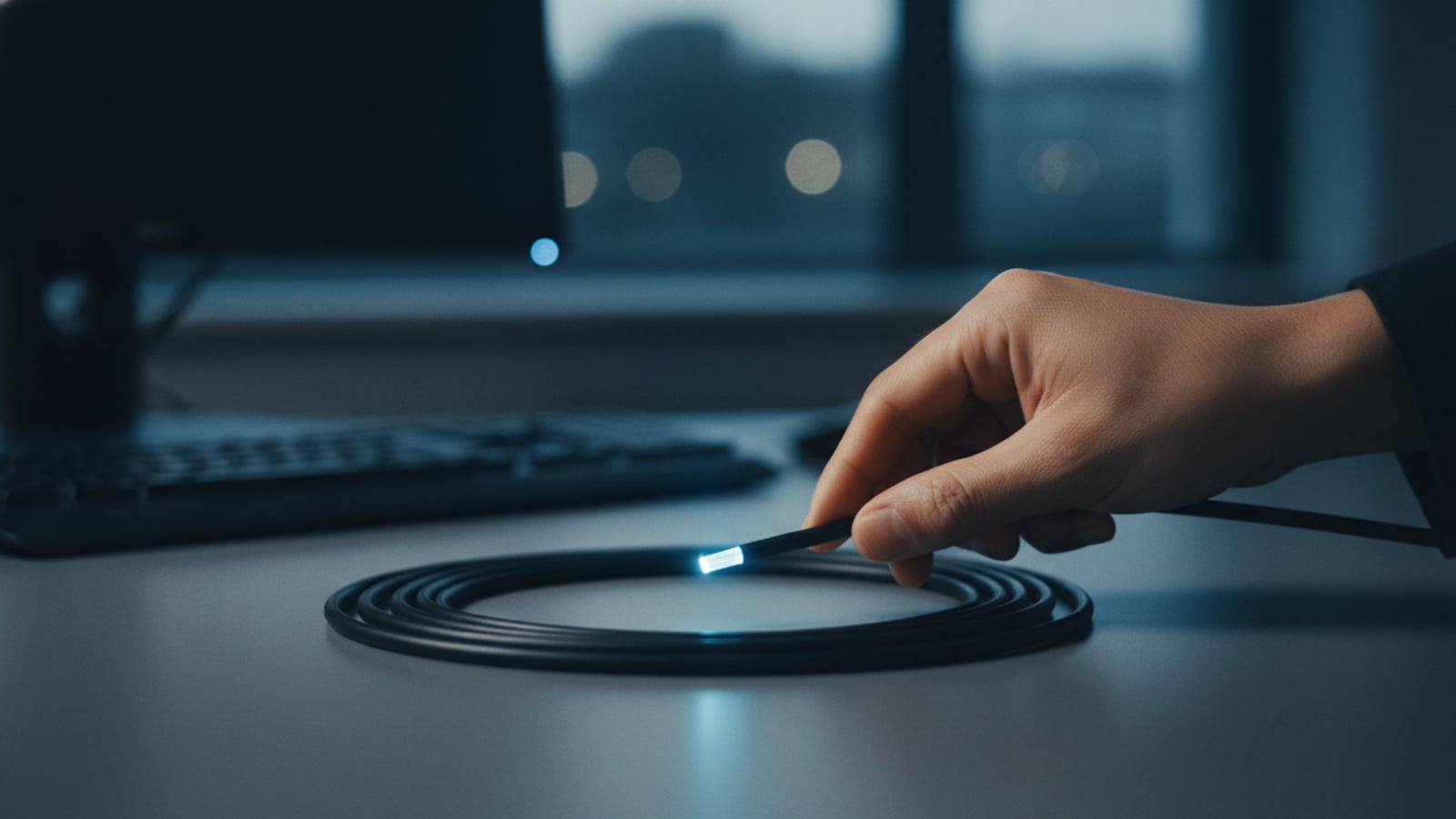 Fibre optic cables in a patch panel.