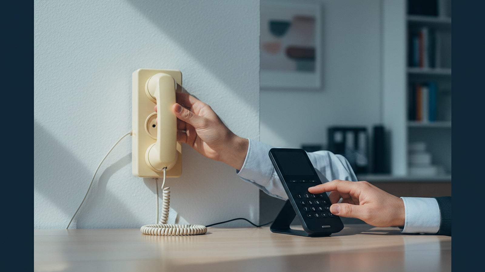 Old PSTN socket beside a modern VoIP handset.