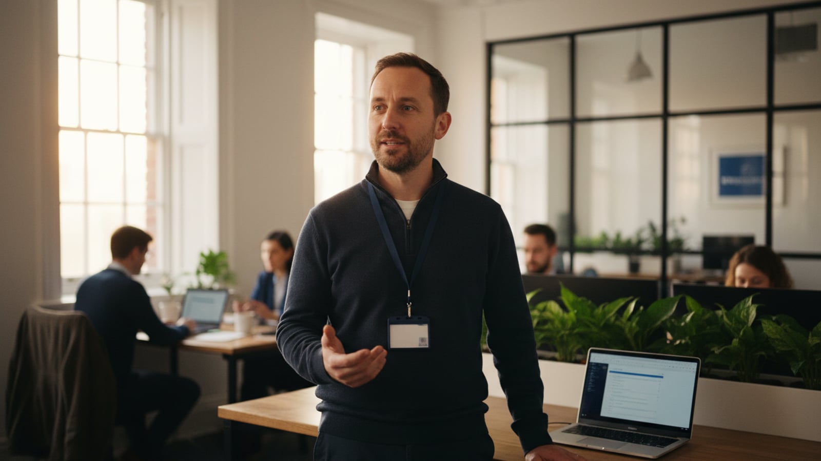 A Syntek Solutions engineer at a tidy West Sussex office desk, laptop open, mid-call with a client.