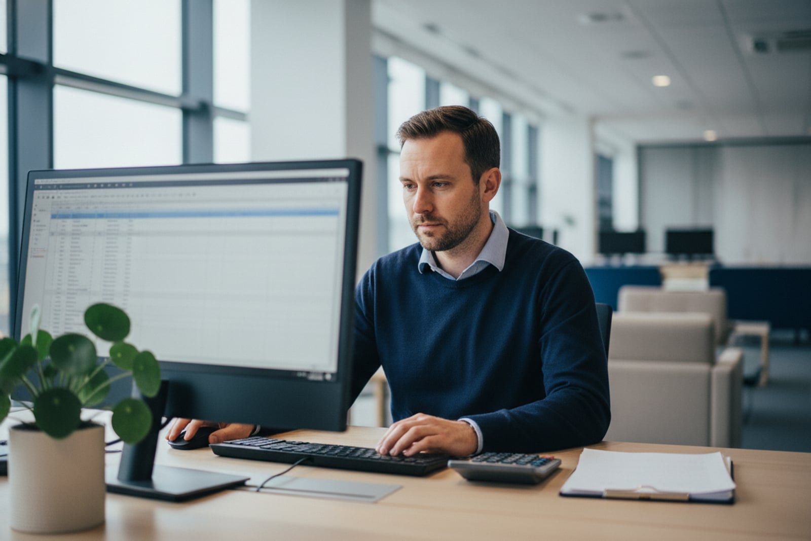 An accountant reviewing ledger figures on a laptop in a practice office.
