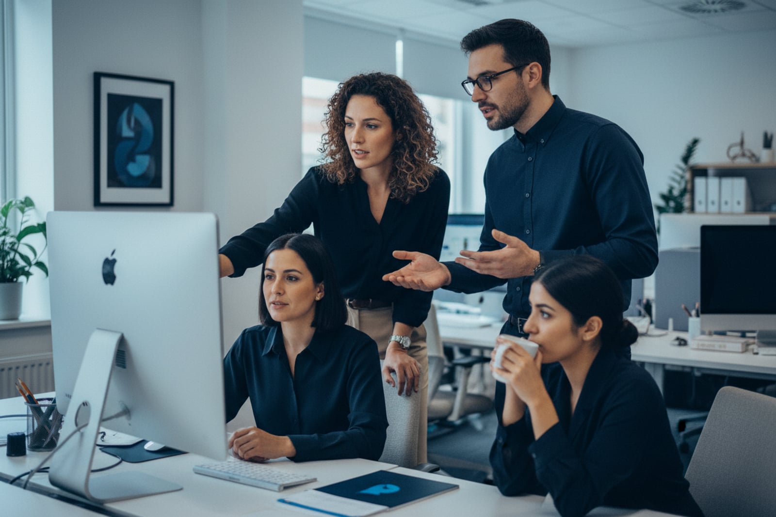 A consultant working on a laptop at a shared desk in a modern agency office.