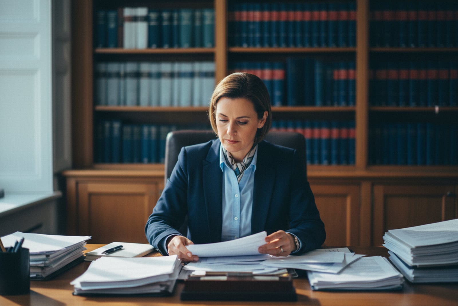 A solicitor reviewing a matter file on a laptop in a law firm office.