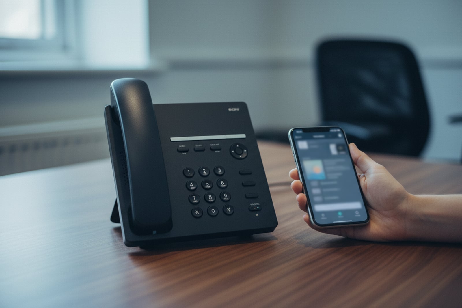 A modern VoIP handset on a tidy office desk beside a laptop running Teams.